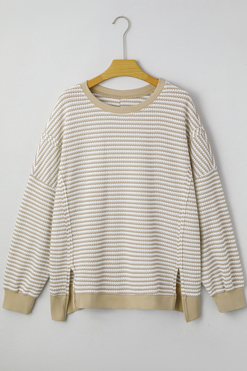 Brown Stripe Plus Size Breathable Knit Ribbed Trim Long Sleeve Top