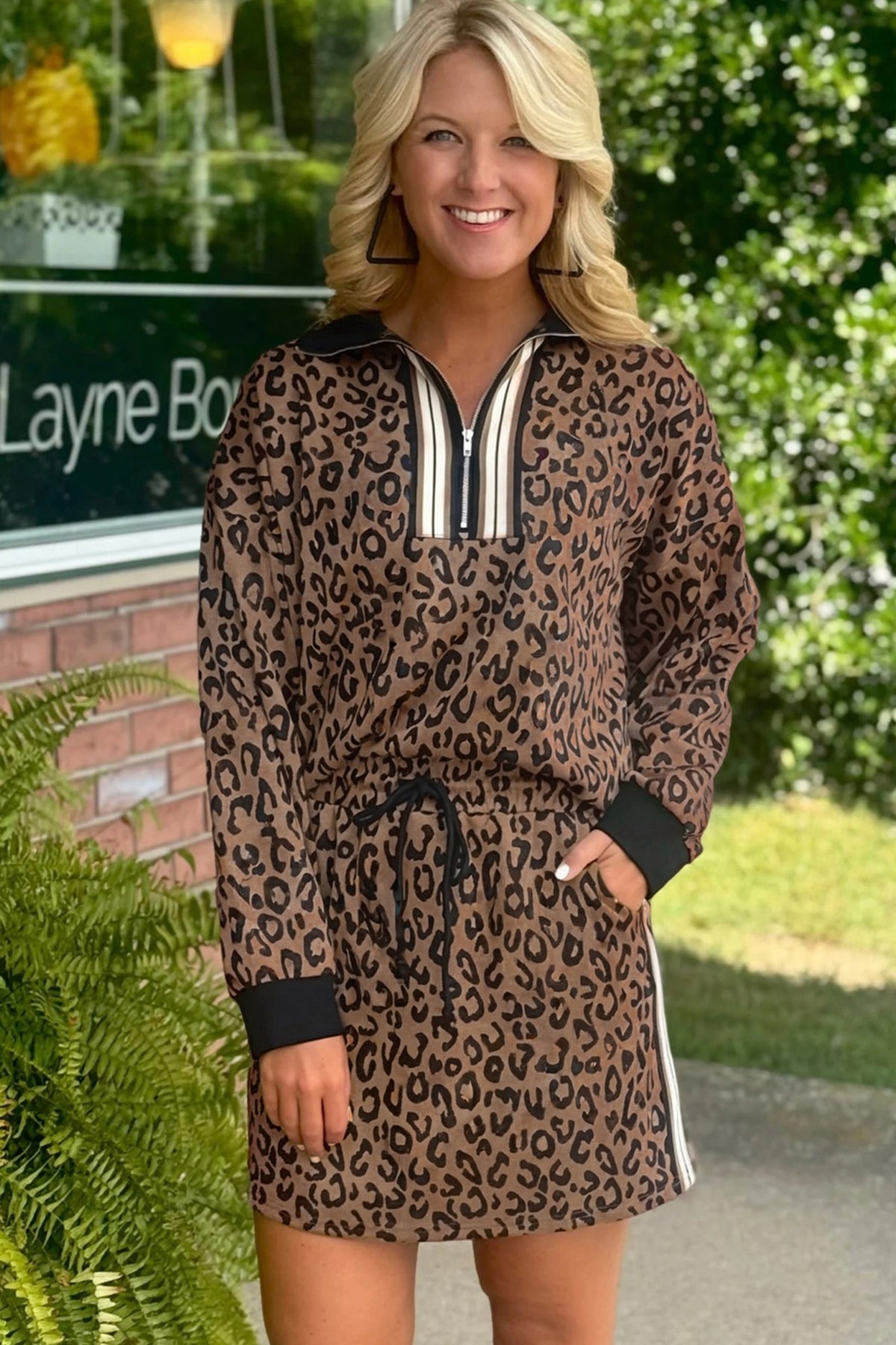 Khaki Leopard Print Quarter Zip Long Sleeve Top Mini Skort Set