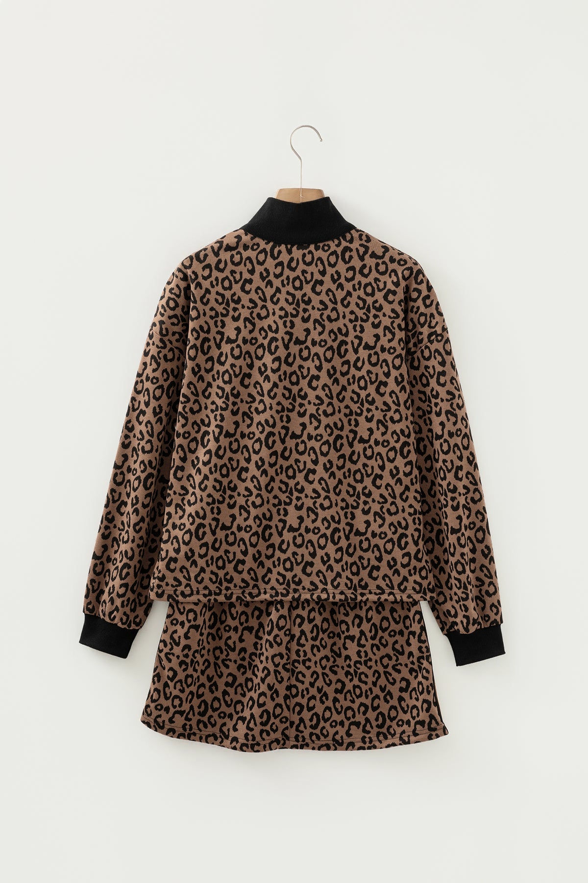 Khaki Leopard Print Quarter Zip Long Sleeve Top Mini Skort Set